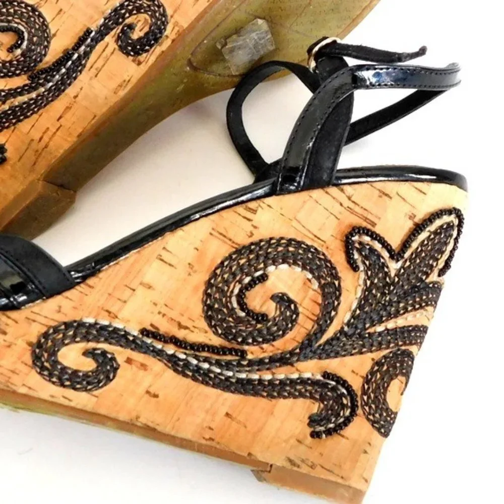 Bandolino Black Leather Embroidered Cork Wedges